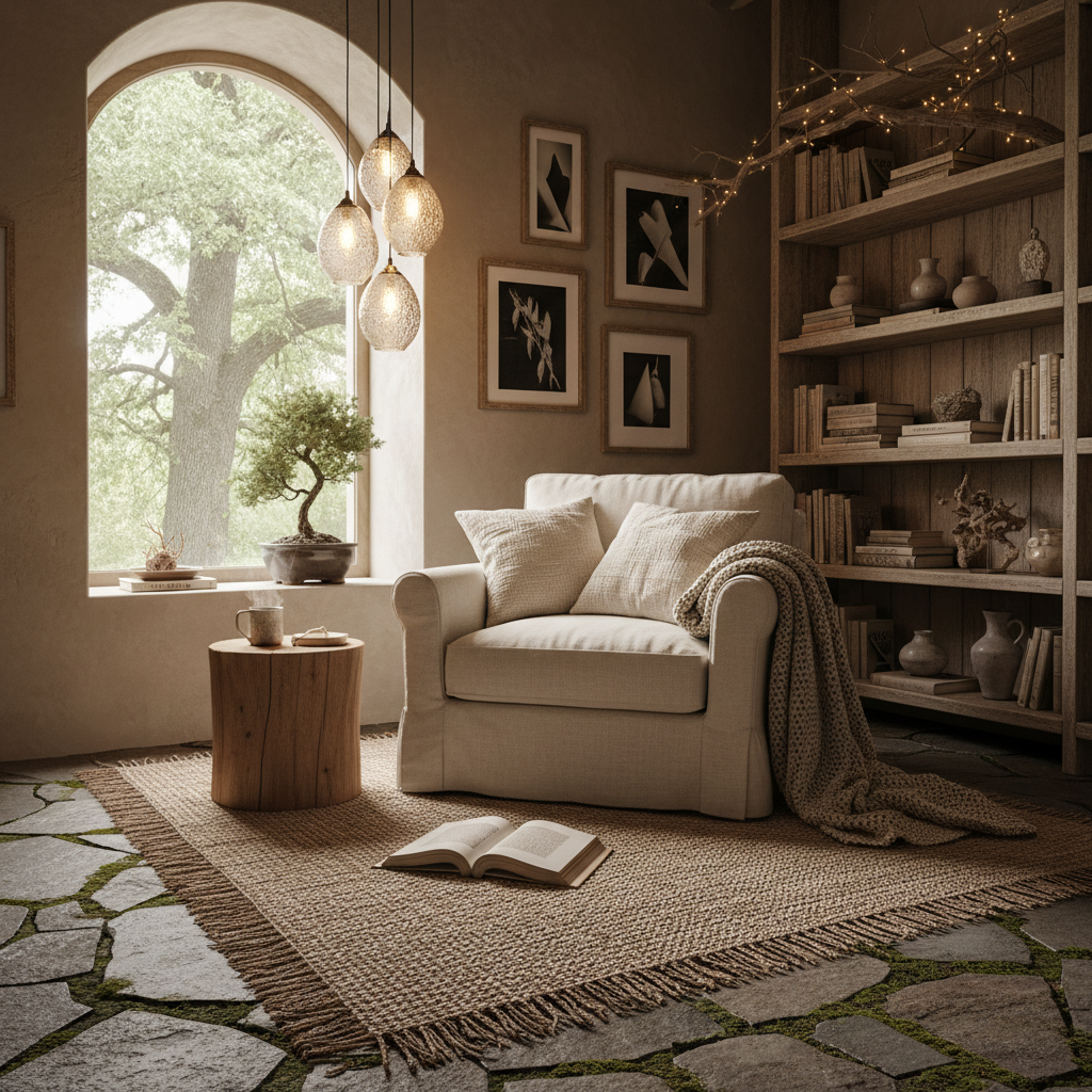 Image of a cozy wabi-sabi reading nook with natural materials and soft lighting.