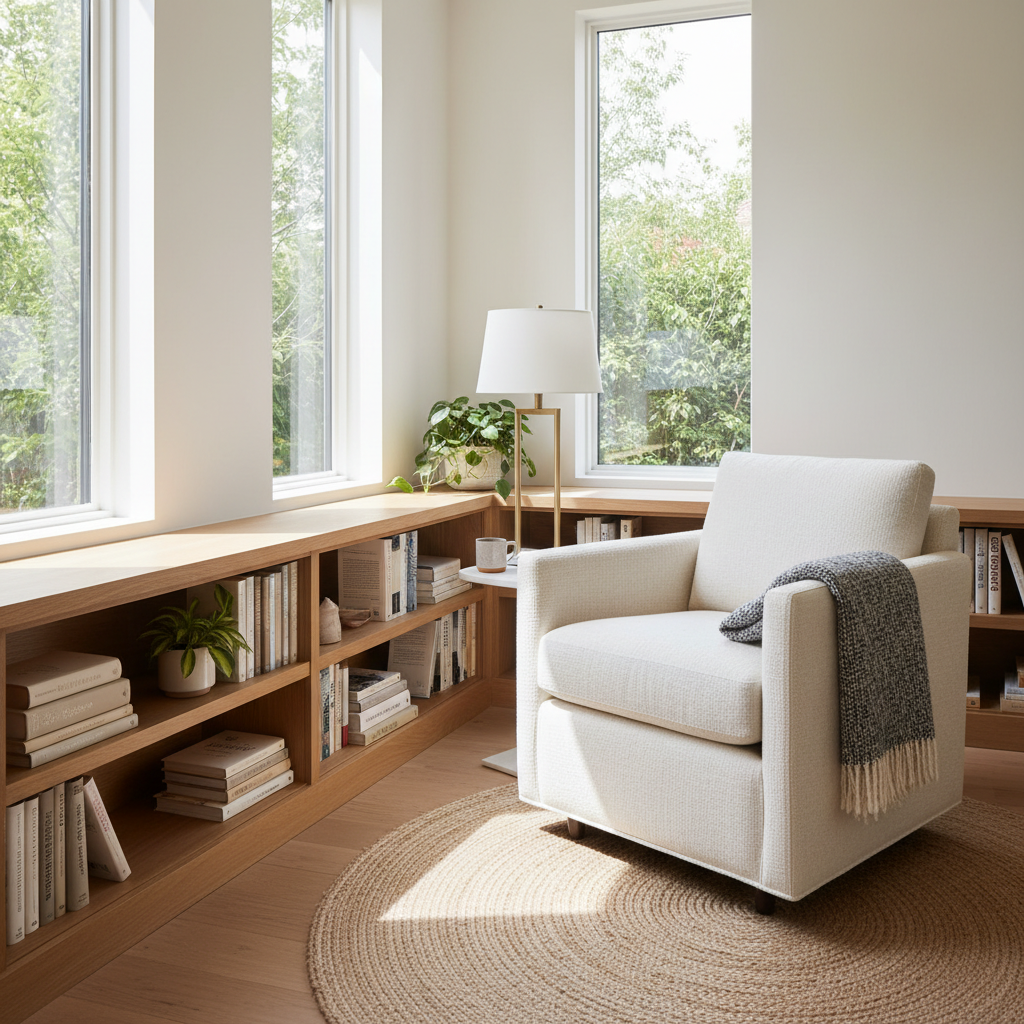 Image of a comfortable chair with a small bookshelf in a bright corner.