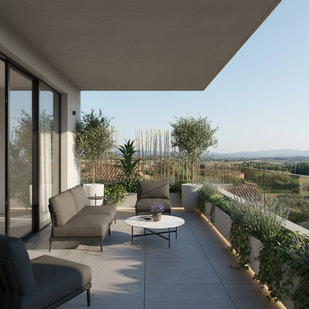 Italian modern balcony design with minimalist furniture and plants