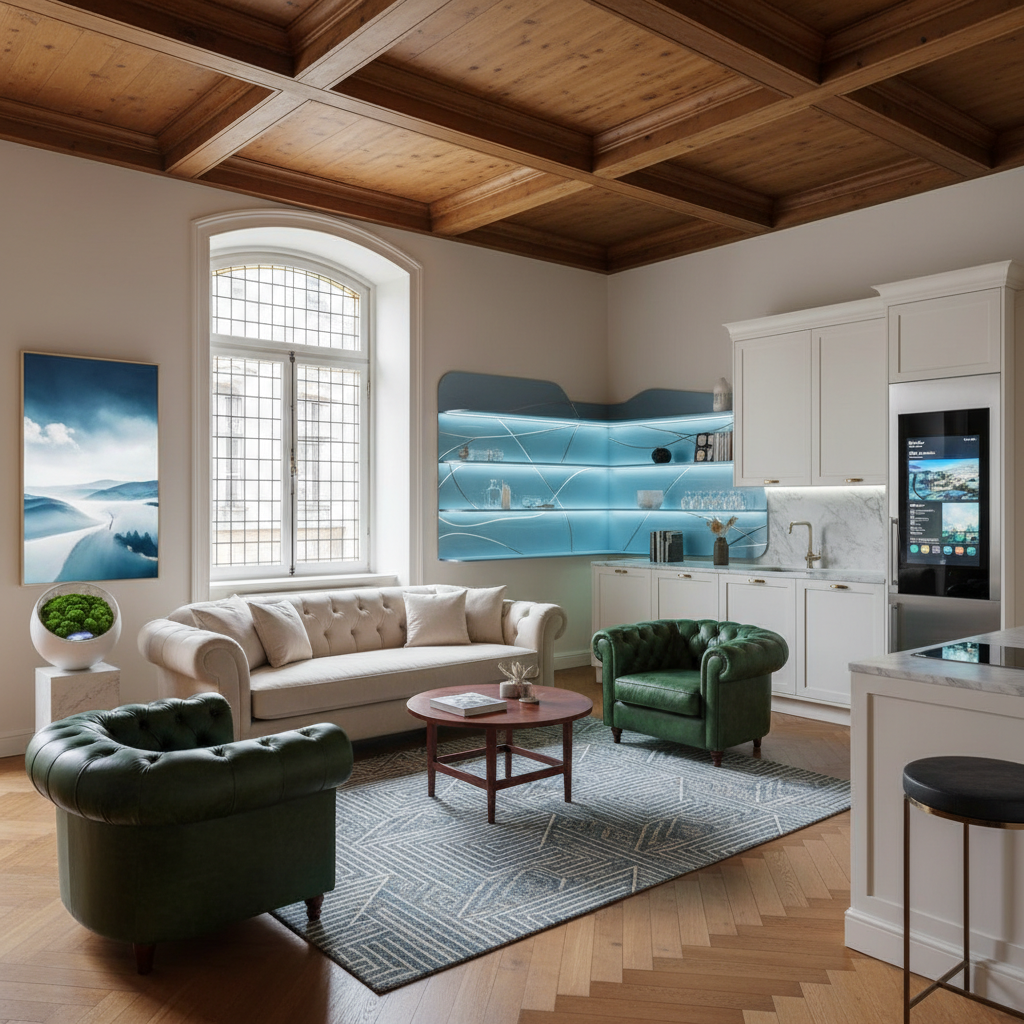 A stylish traditional studio interior with modern AI design enhancements.