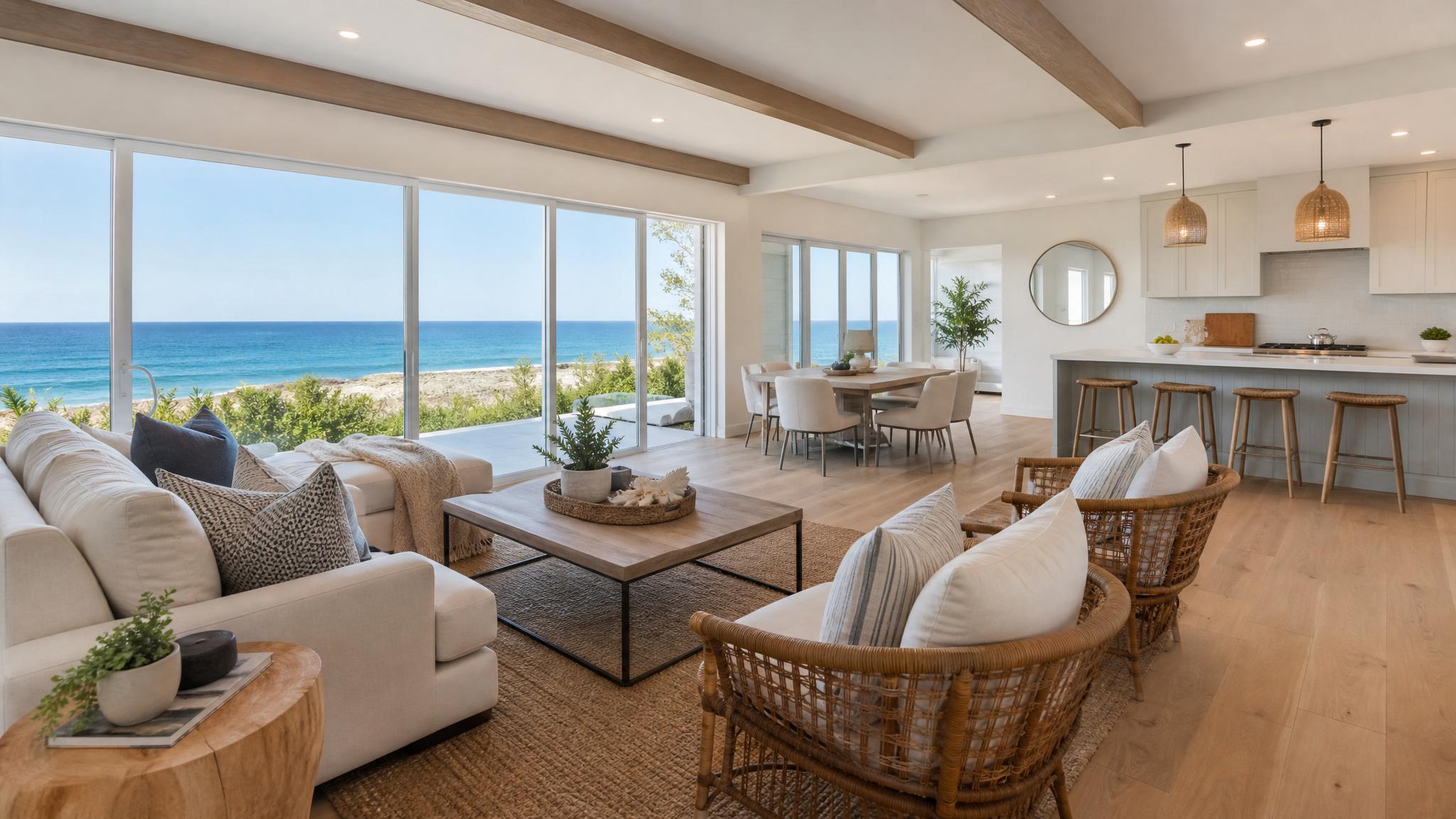 A beautifully staged coastal open-plan living room with large windows and ocean views