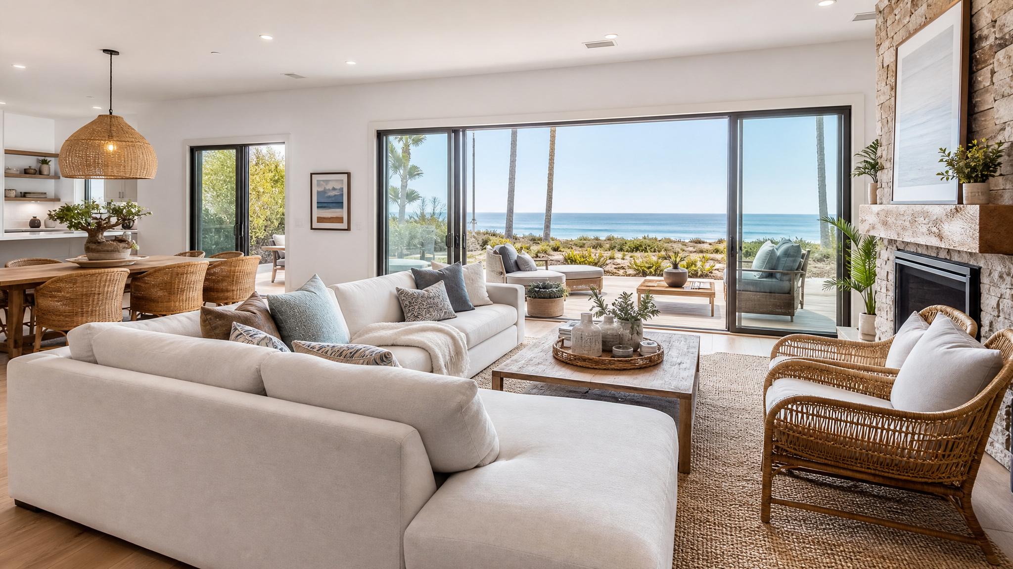 Luxurious coastal open-plan living room furniture setup