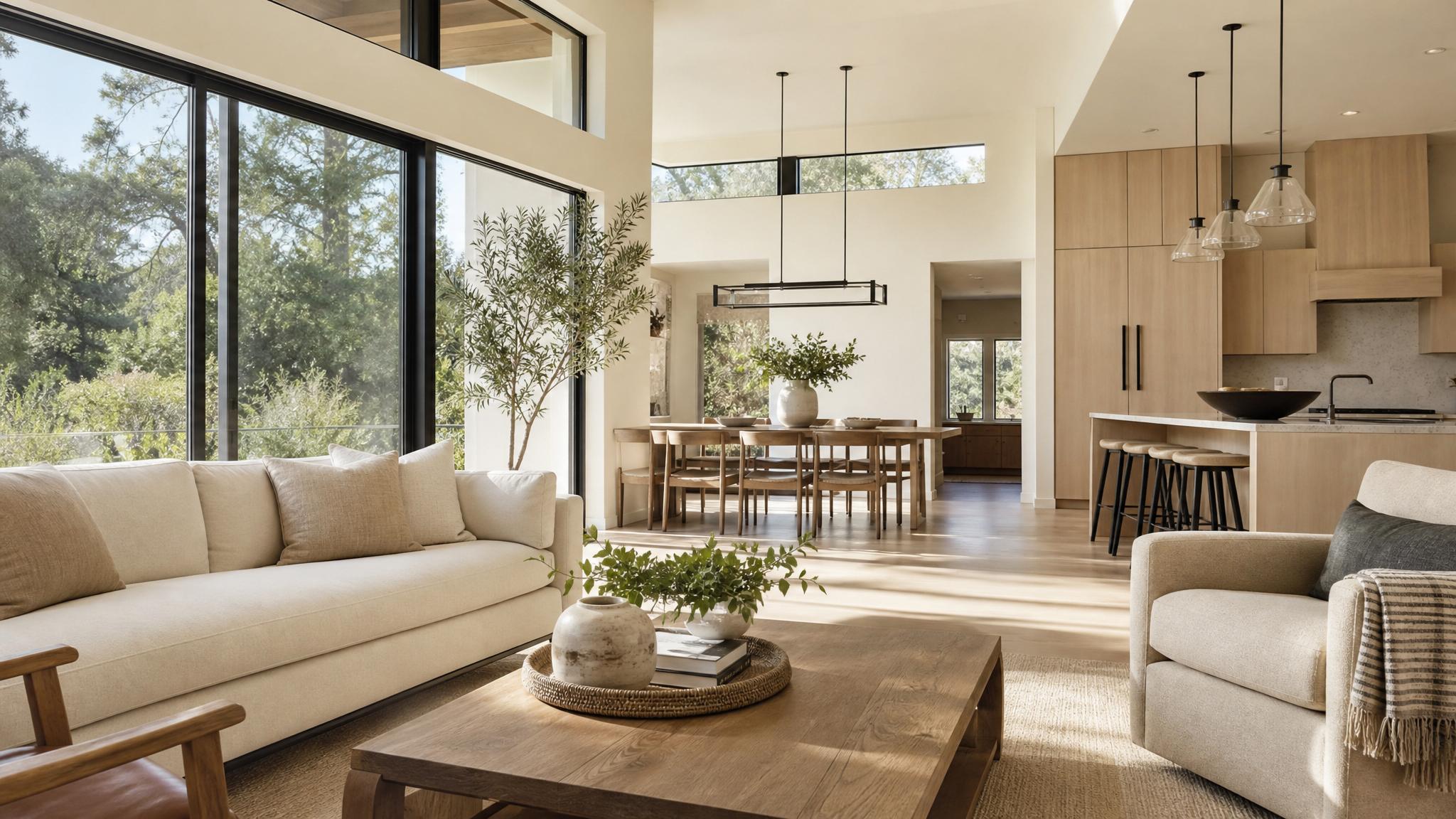 An open-plan living room bathed in natural sunlight, highlighting the importance of window light.