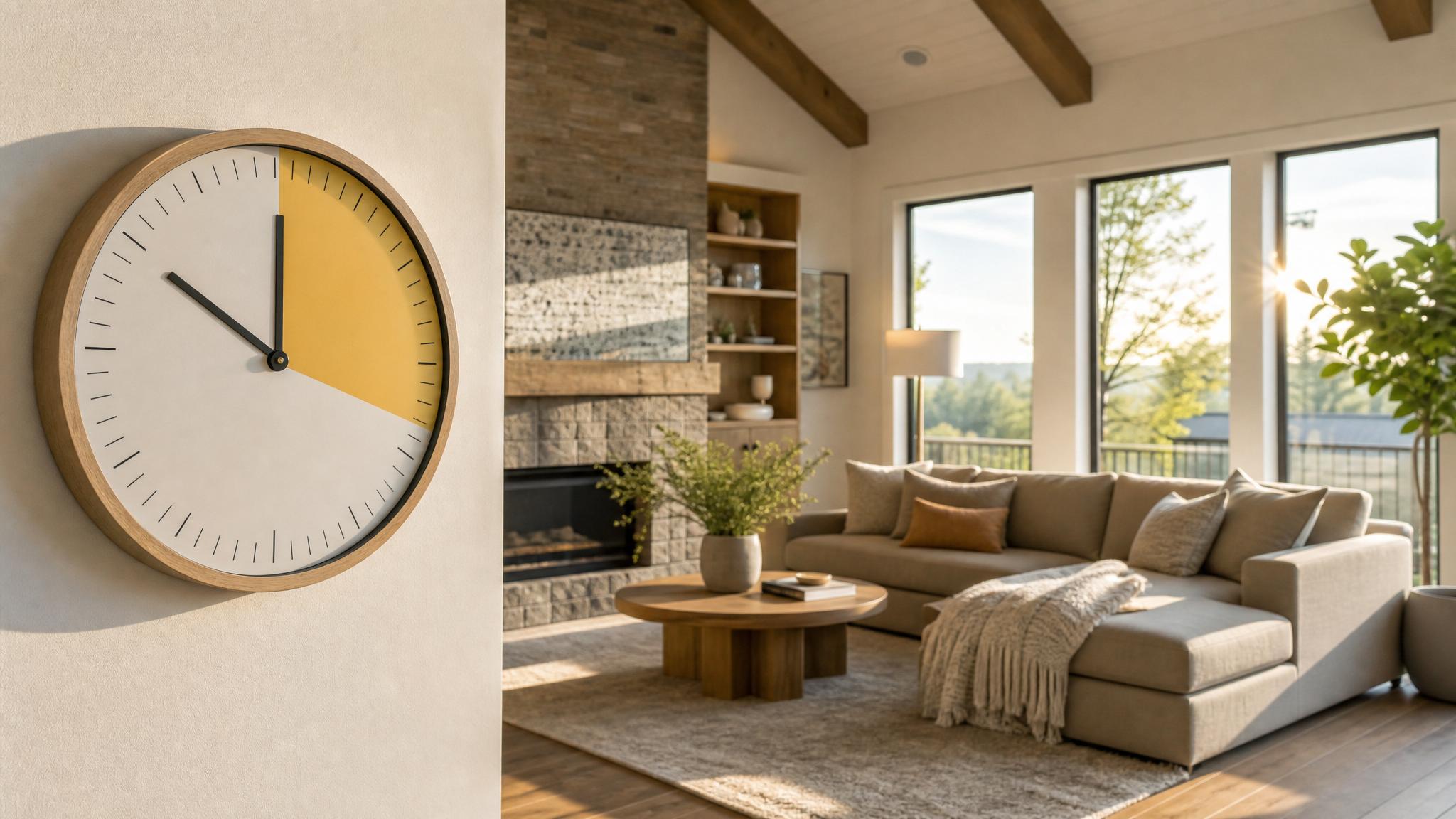 A clock showing the best times for photography, and a living room with warm afternoon light.