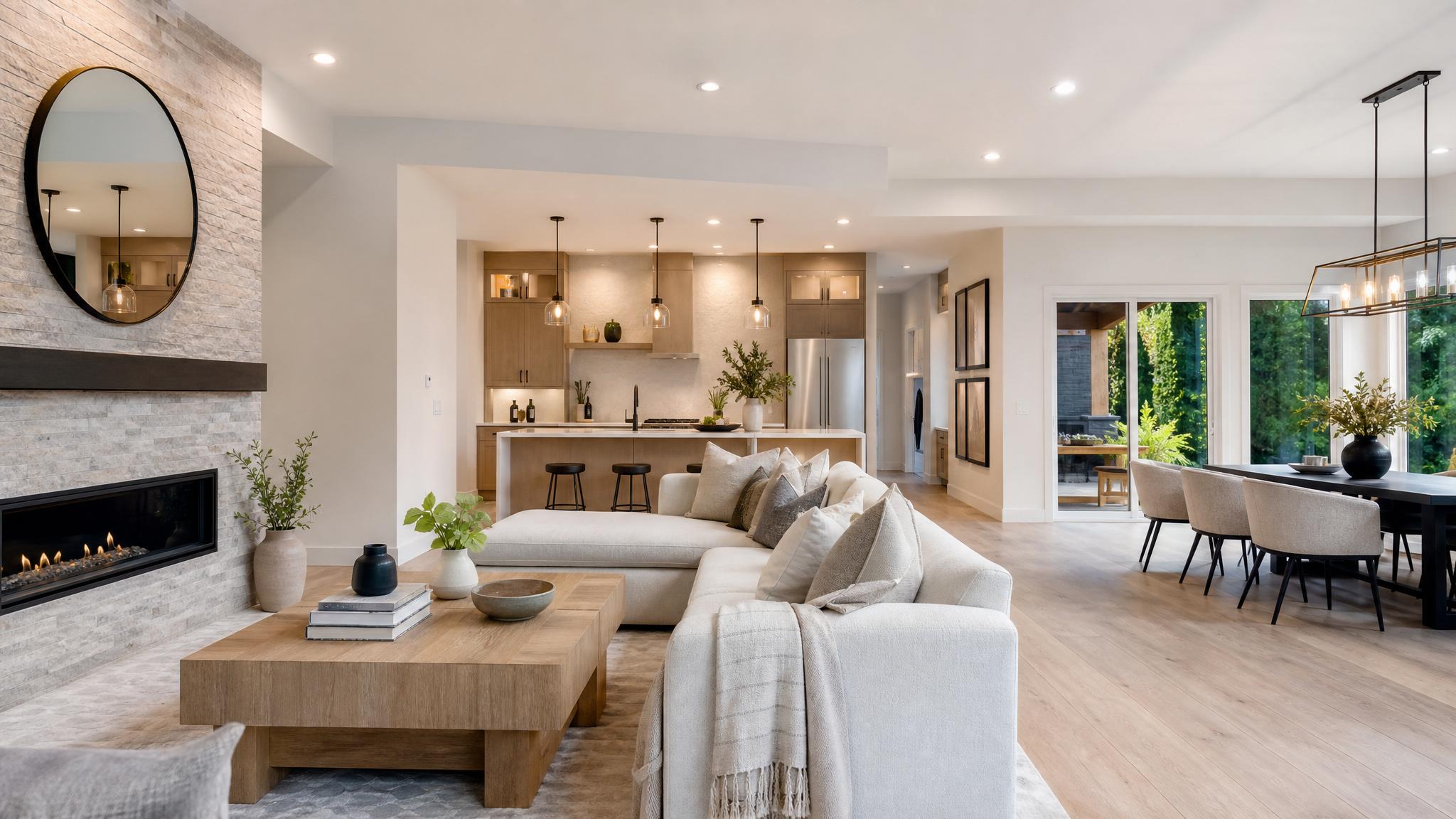 Image of a beautifully staged open-plan living room showcasing a contemporary style.