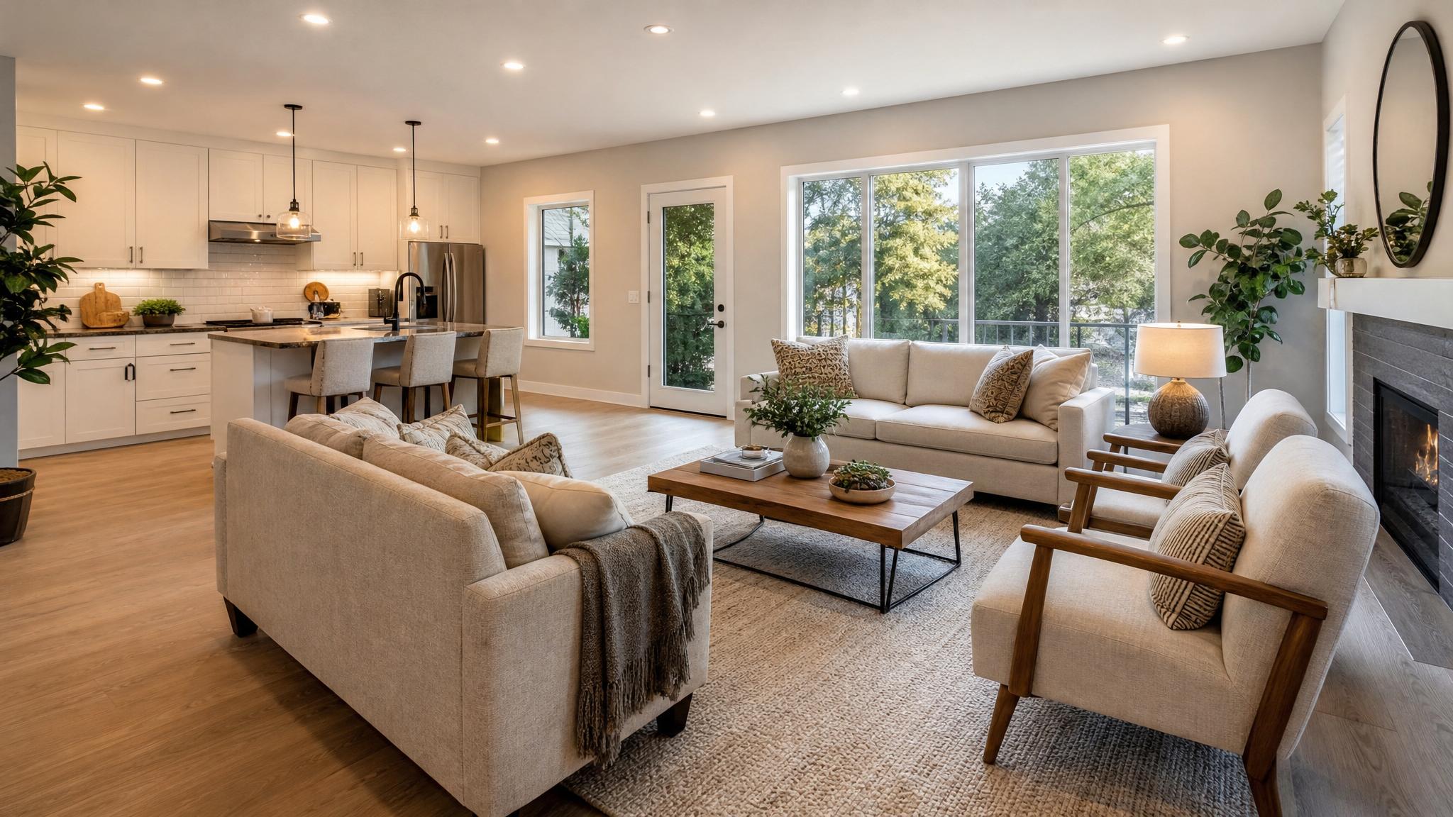 Image illustrating a balanced furniture layout in an open-plan living room.