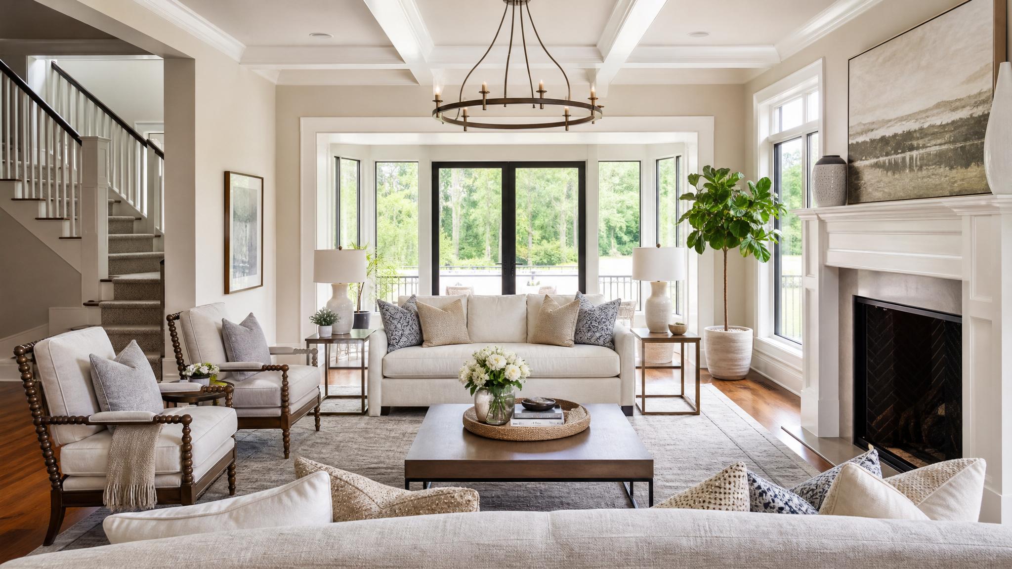 A beautifully staged transitional living room, showcasing mixed traditional and contemporary elements, light colors, and comfortable furniture.