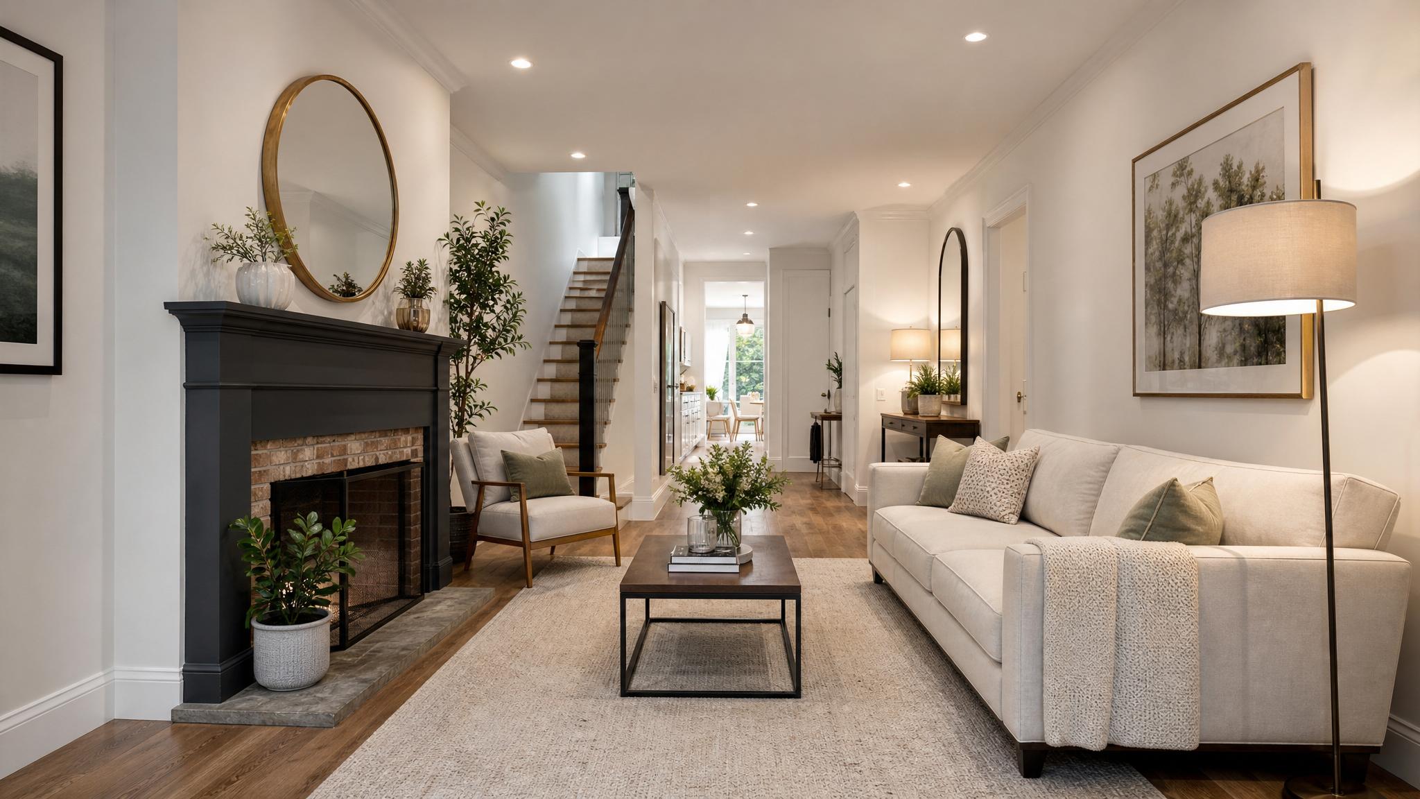 A row house living room being optimized with AI design tools, showcasing optimal furniture layout and lighting options.