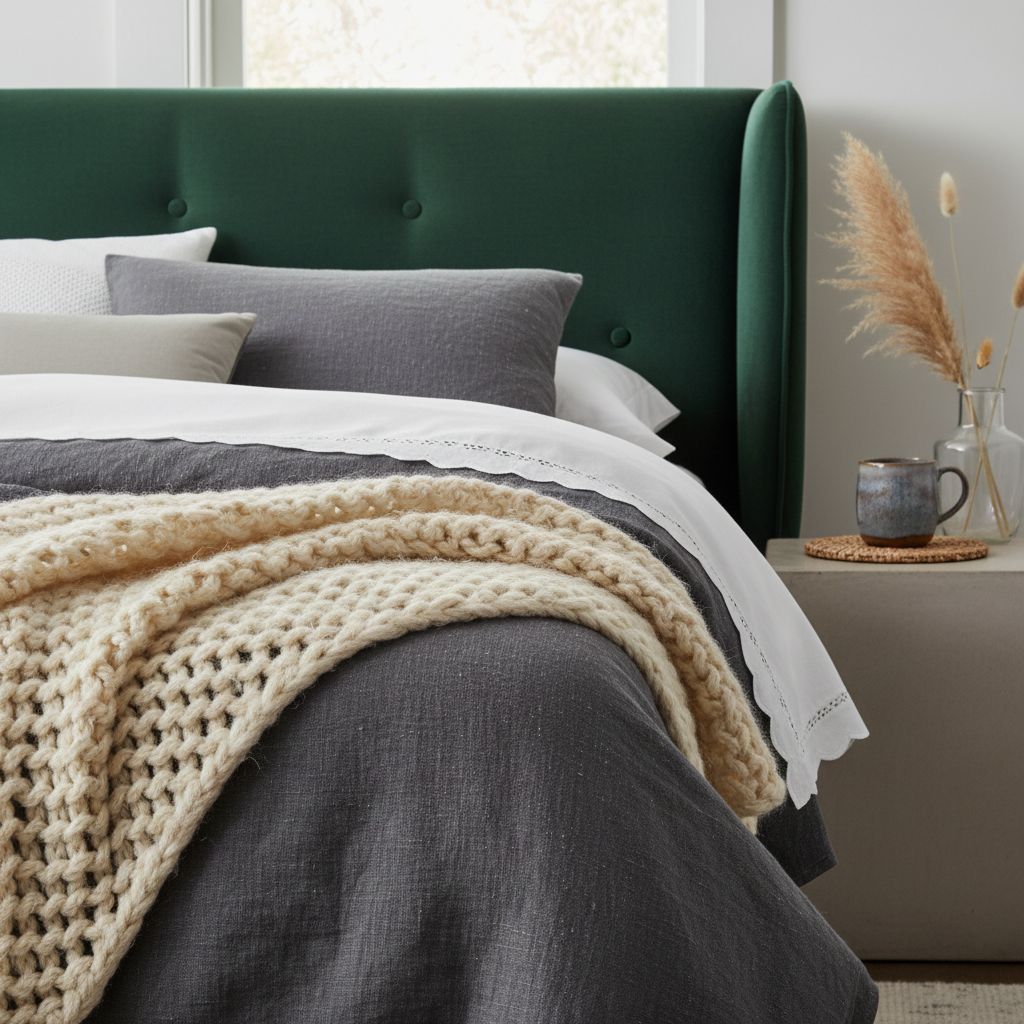 A close-up of various textures in bedroom decor, showcasing fabrics and materials.