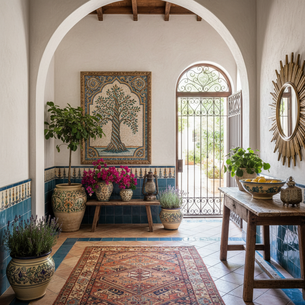 Show a colorful Mediterranean entryway with potted plants and artwork.