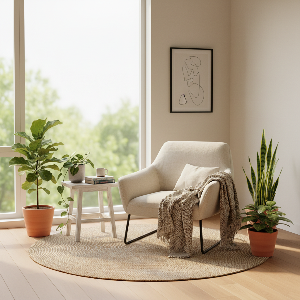 A cozy minimalist reading nook with natural light, plants, and a minimalist chair.