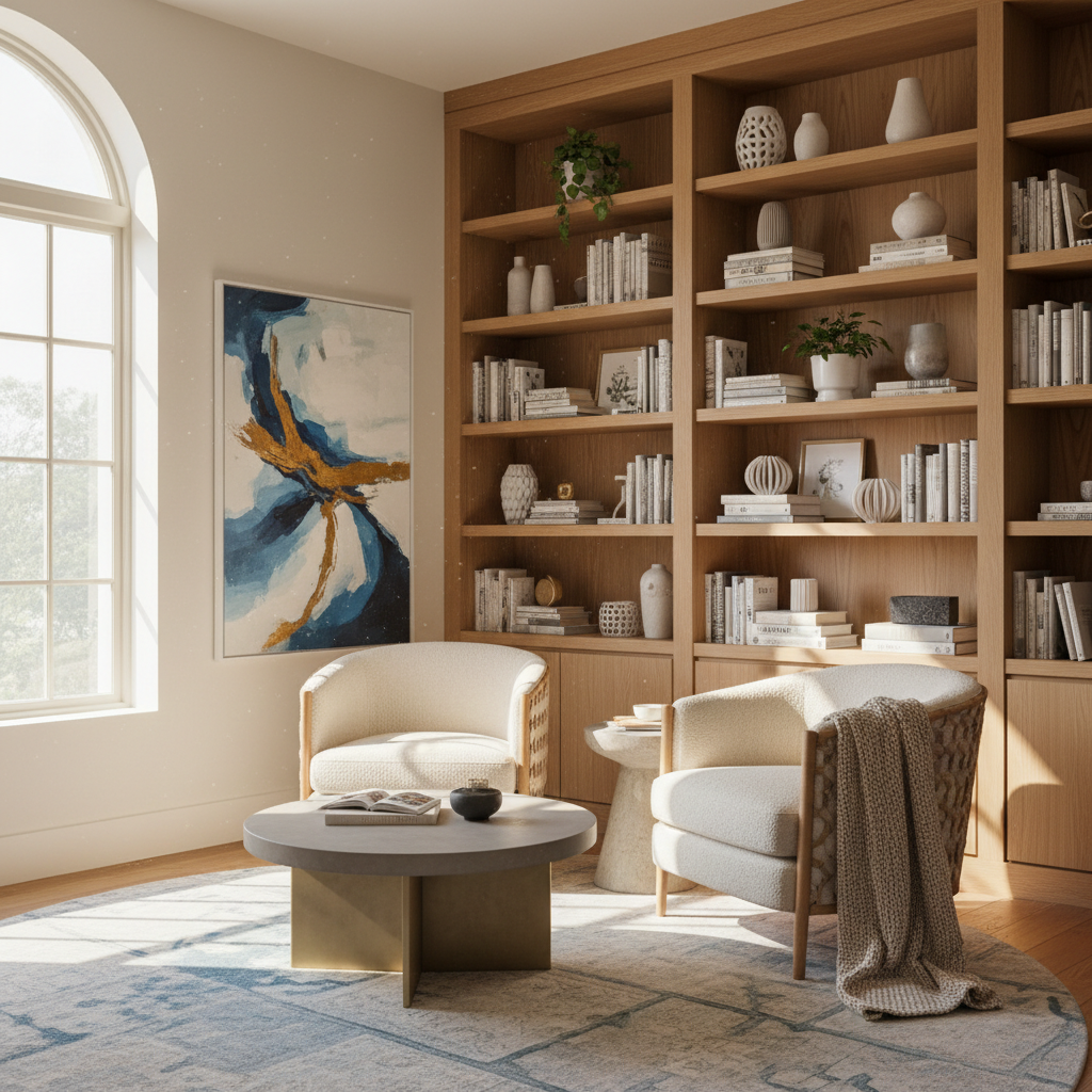 A well-lit corner of a room with bookshelves and comfortable seating.