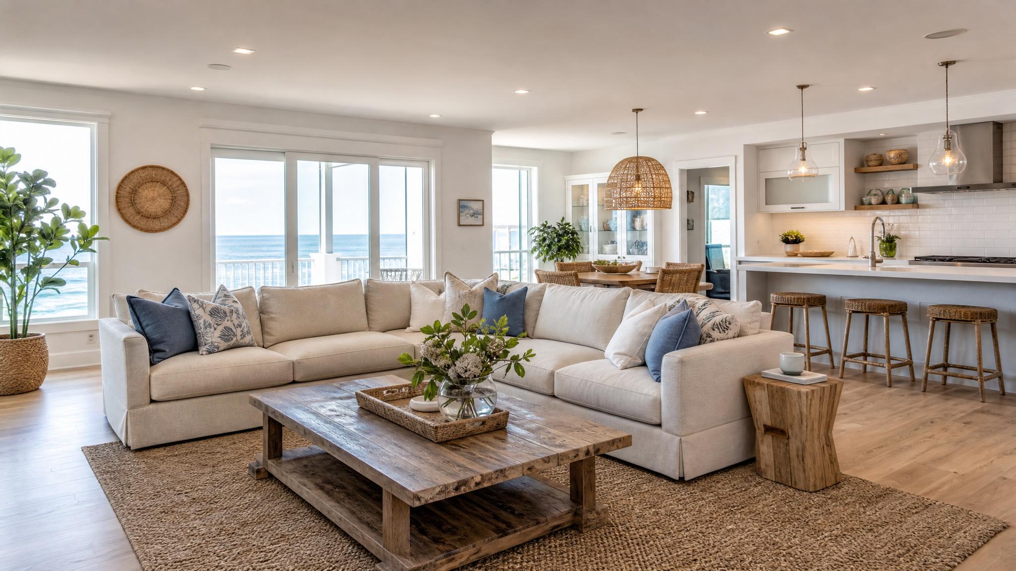 A bright coastal-themed open-plan living room with light colors, natural textures, and smart storage solutions.