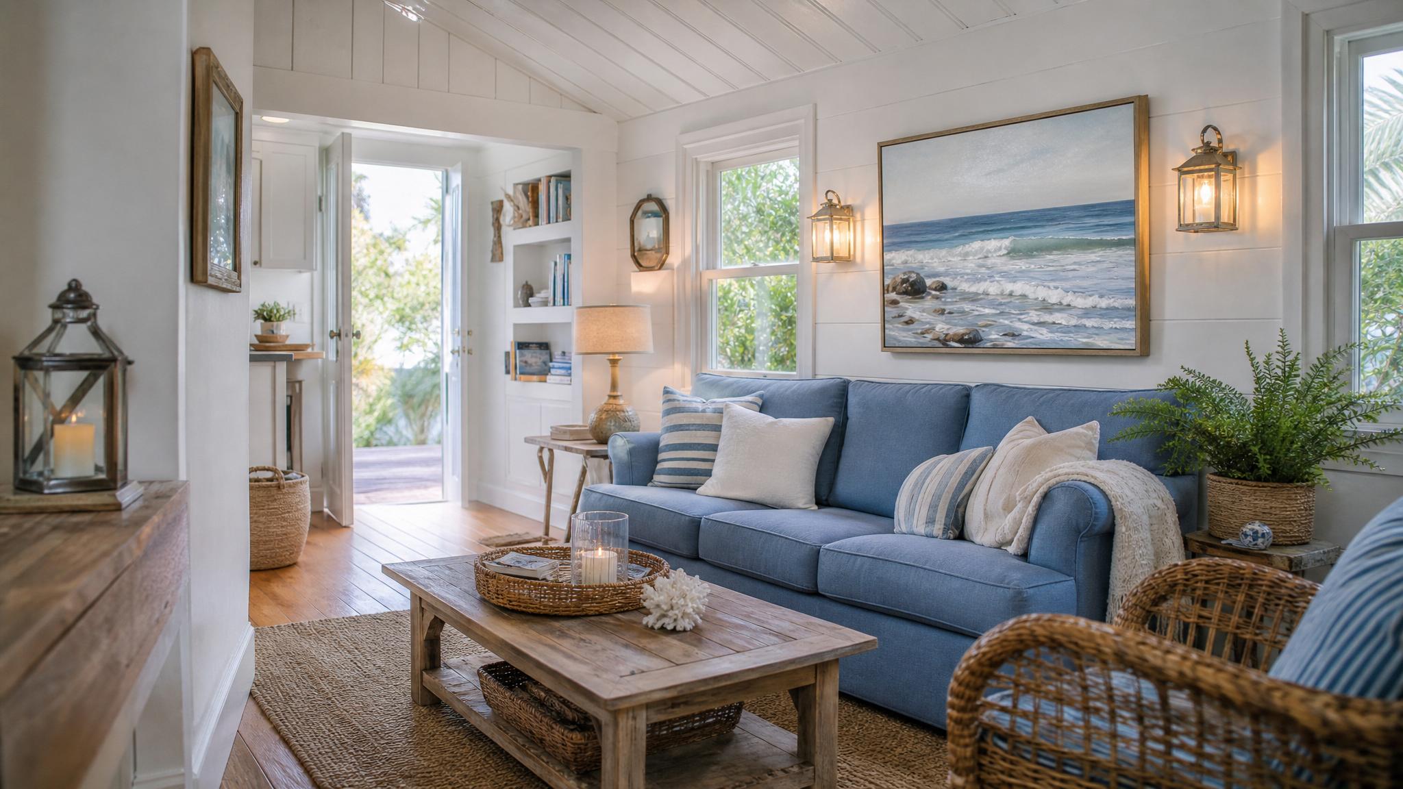 A cozy tiny home living room with a soft blue couch, white walls, and sea-themed decor.