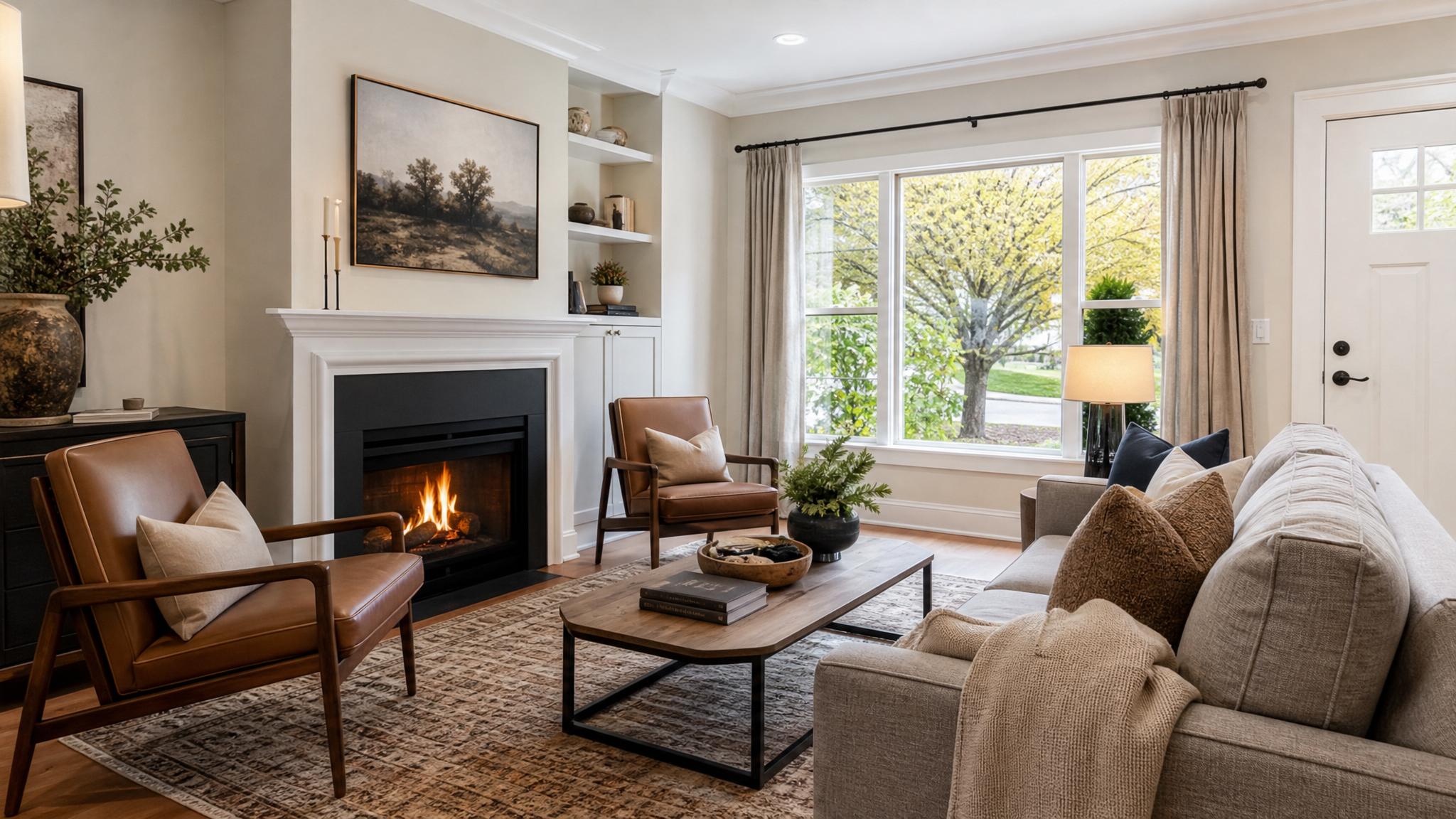 Image of a transitional small living room with contemporary furniture and warm colors