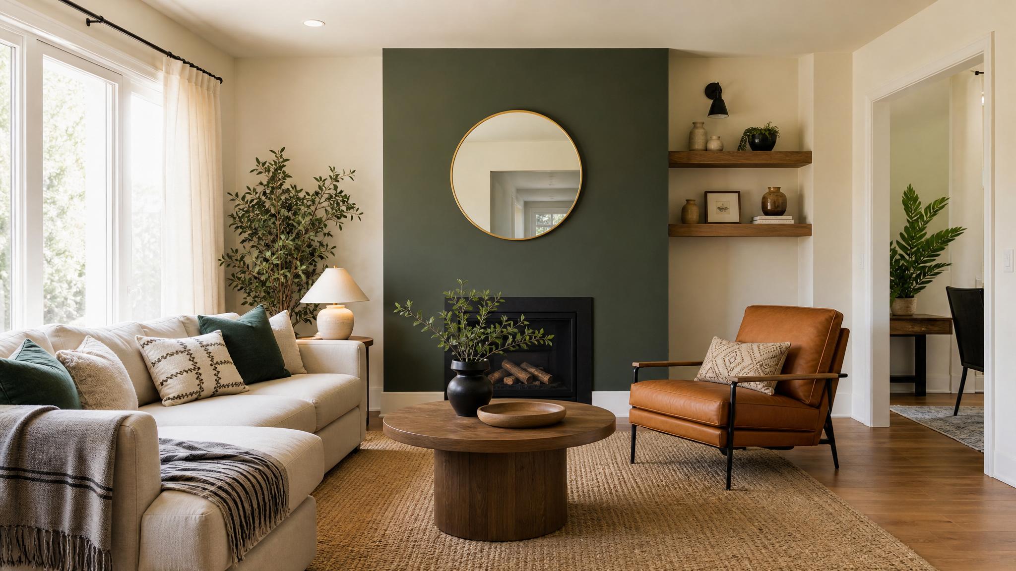 Image showcasing a color scheme with neutral and bold accent colors in a small living room