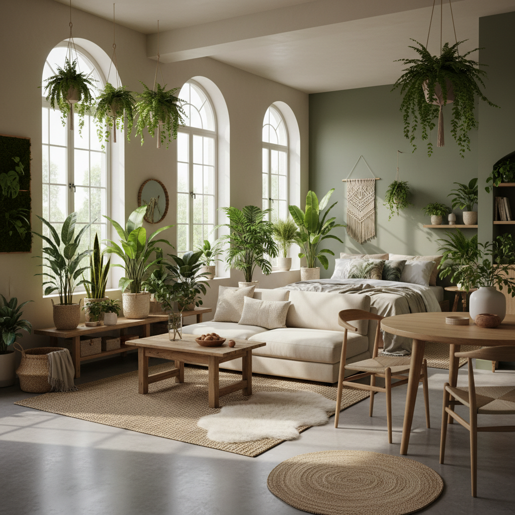 Biophilic studio interior with plants and natural light