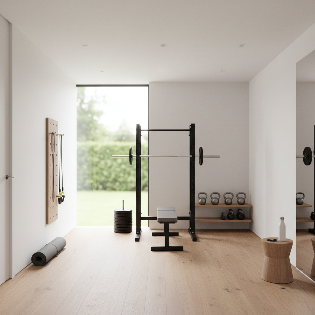 A minimalist home gym showcasing simple equipment and clean lines.