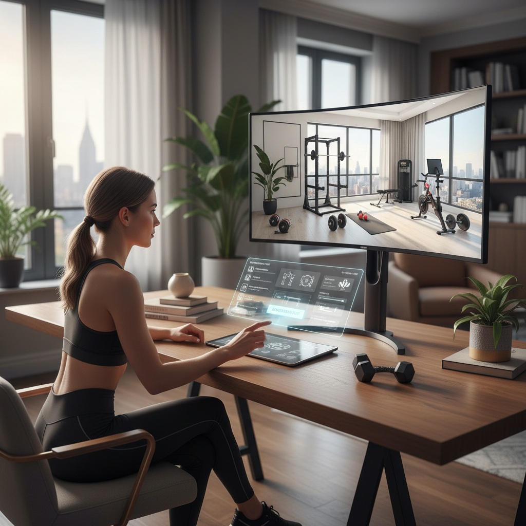 A user interacting with an AI interior design tool for their home gym layout.