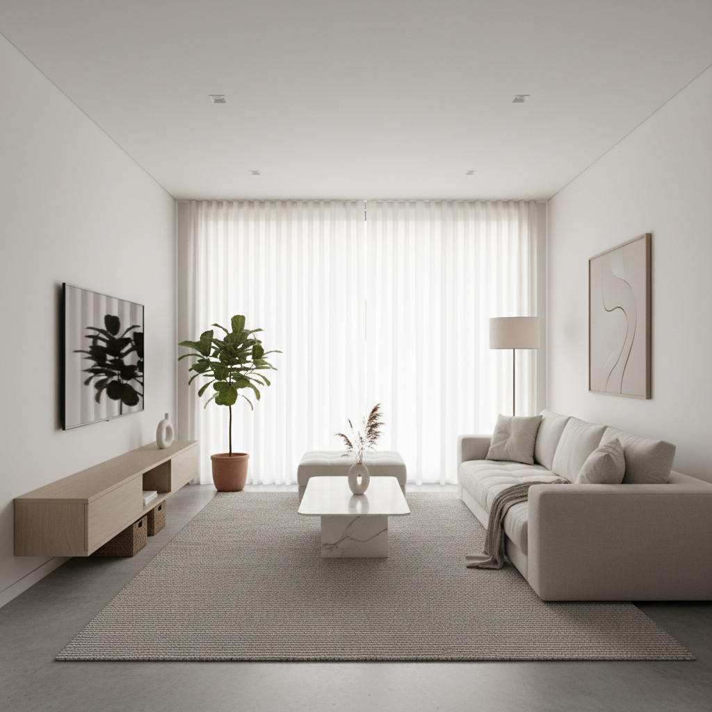 A modern minimalist living room with light colors and simple furniture.