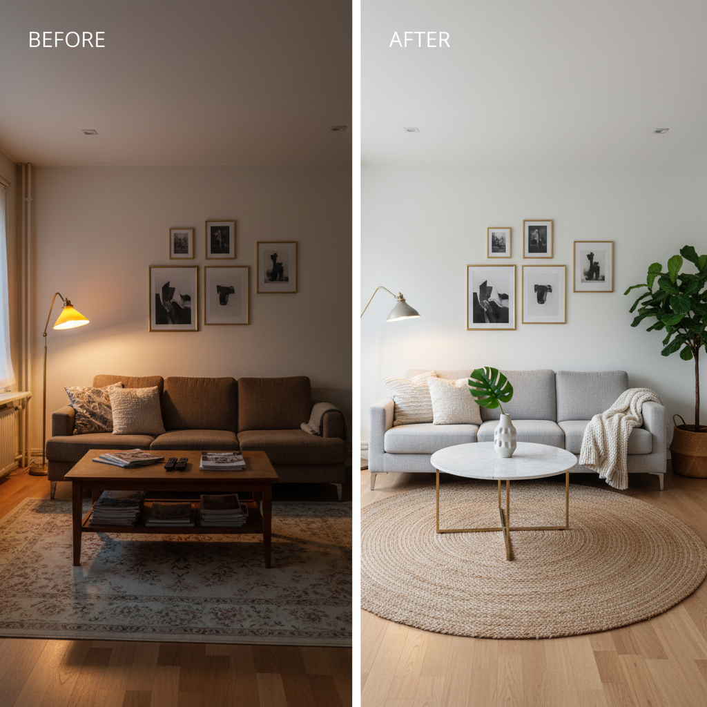 Before and after comparison of a small living room redesigned through AI.