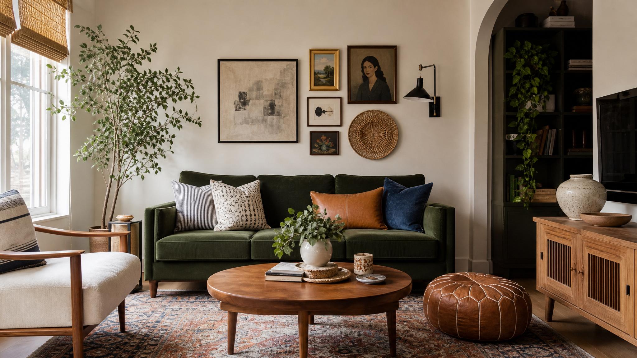 Example of an eclectic small living room with mixed textures and colors