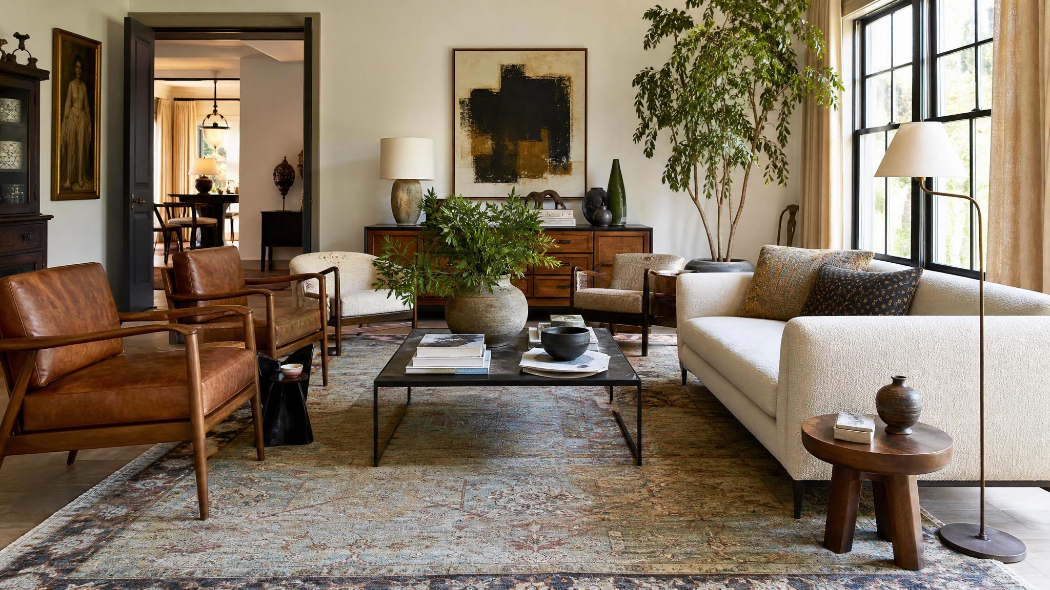 Different styles of furniture arranged in an eclectic living room
