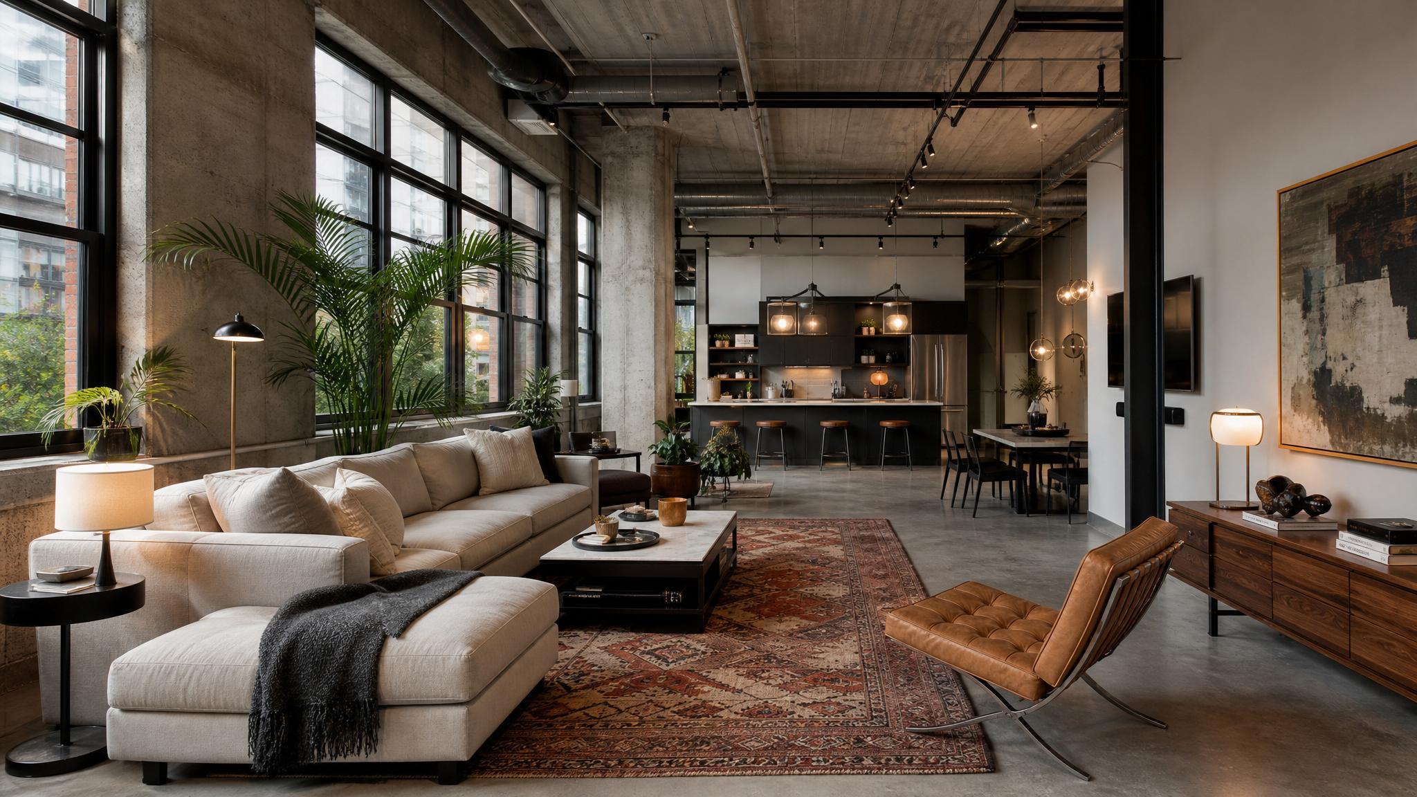 Image of a stylish urban loft living room showcasing open spaces and modern design.