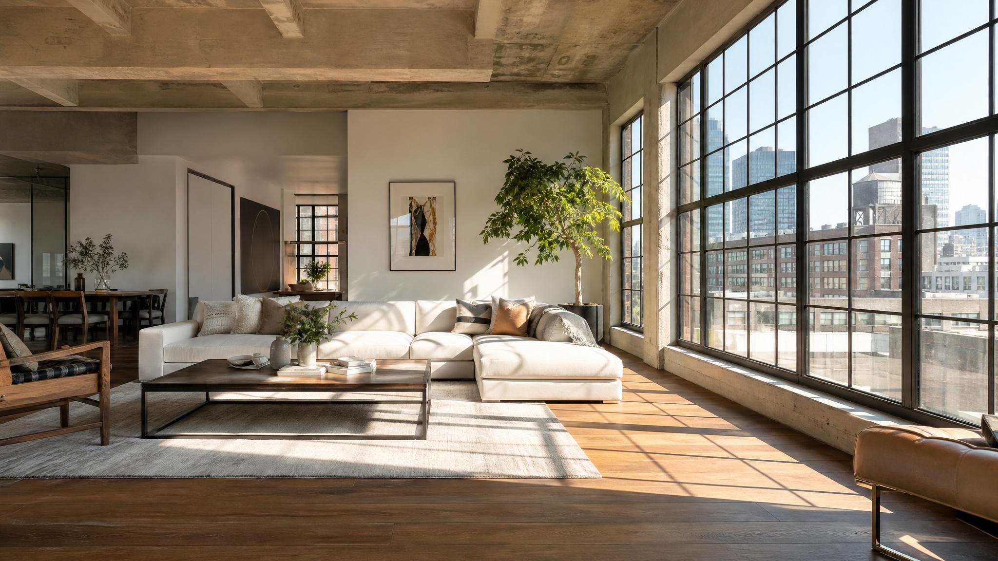 Image of large windows and natural light in an urban loft living room.