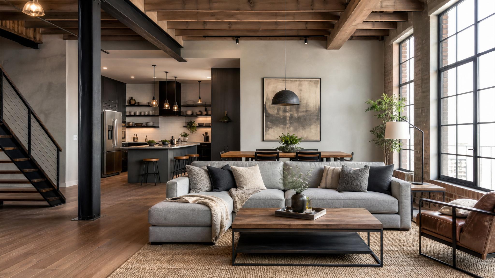 An open-plan living room showcasing industrial style with neutral colors.