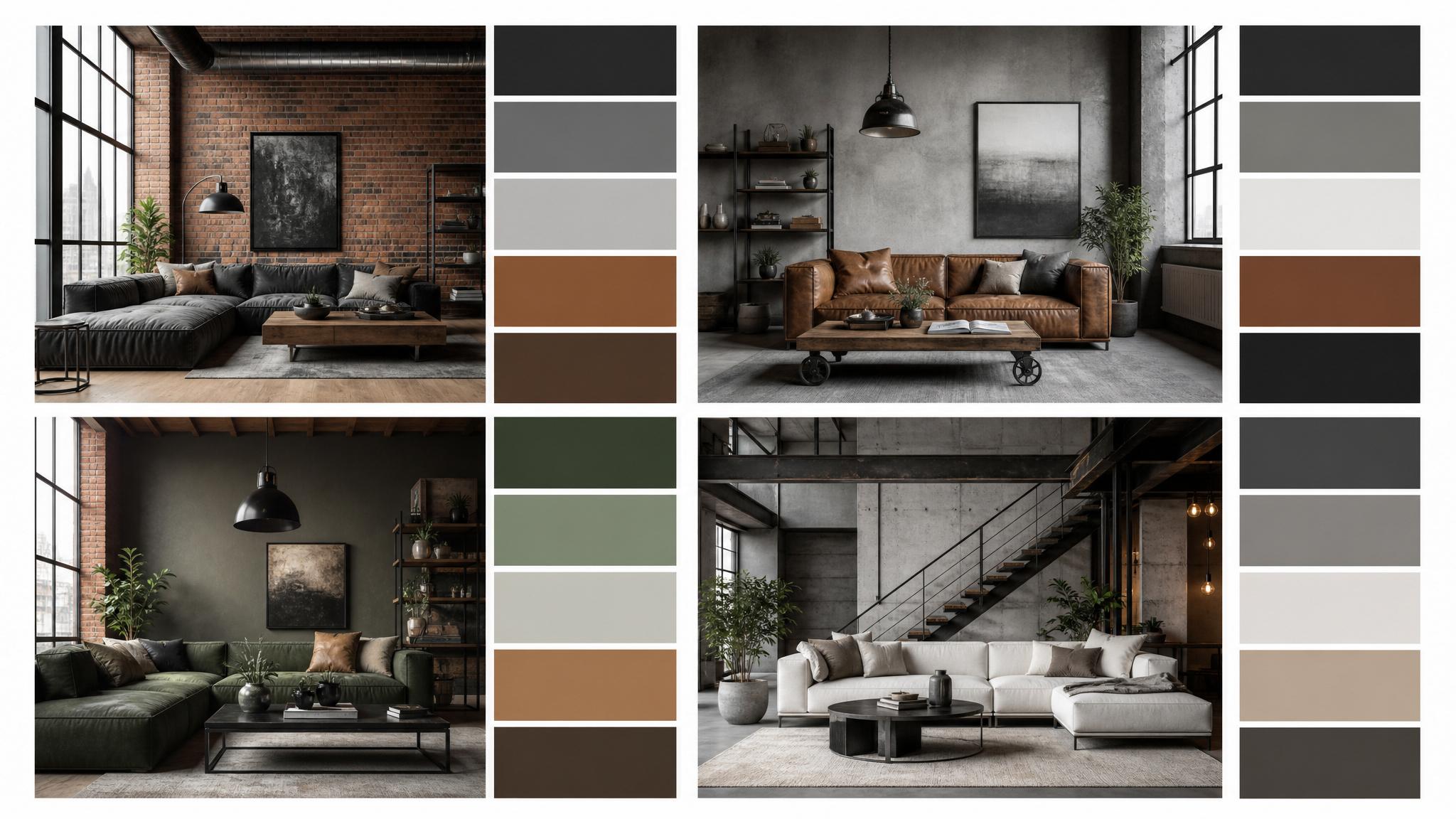 An infographic showing color combinations for industrial styled living rooms.