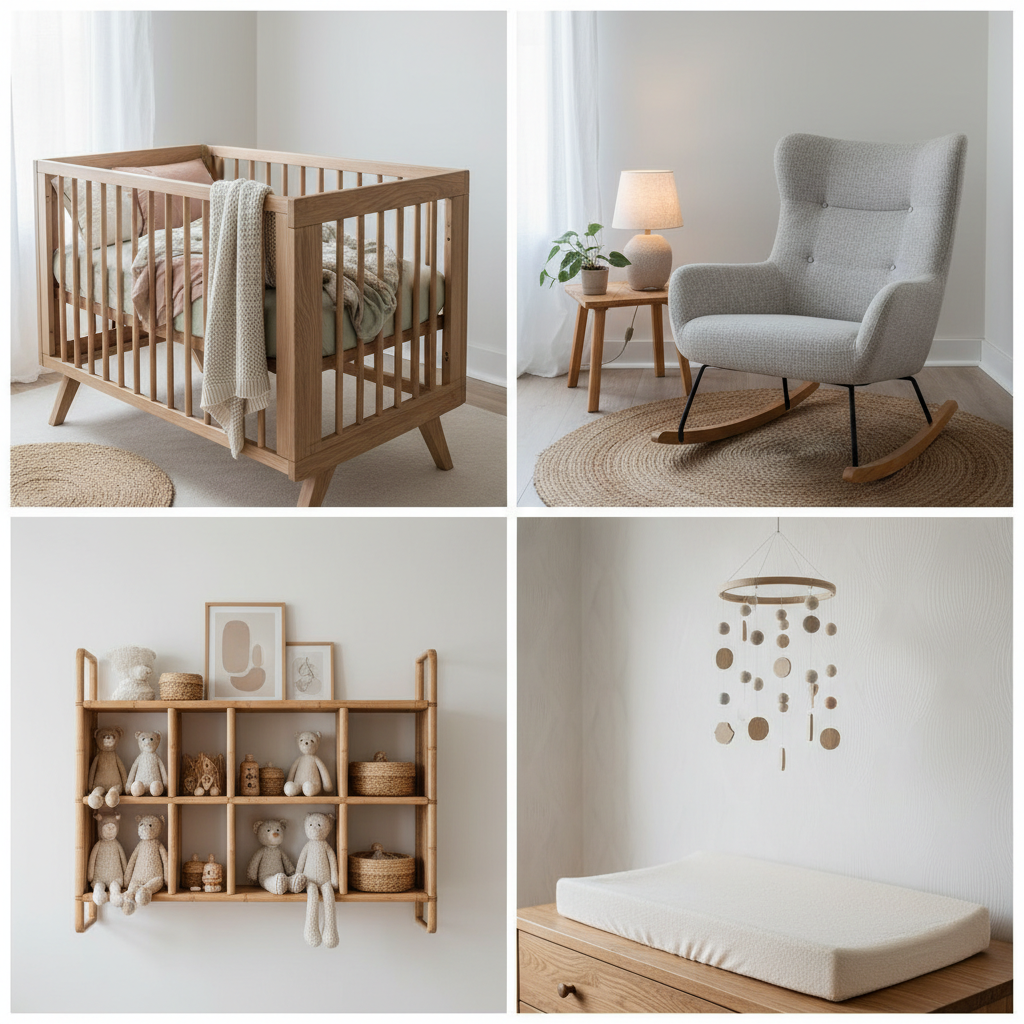 A collage showcasing various Japandi design elements suitable for a nursery, like wooden furniture, pastel colors, and natural fabrics.