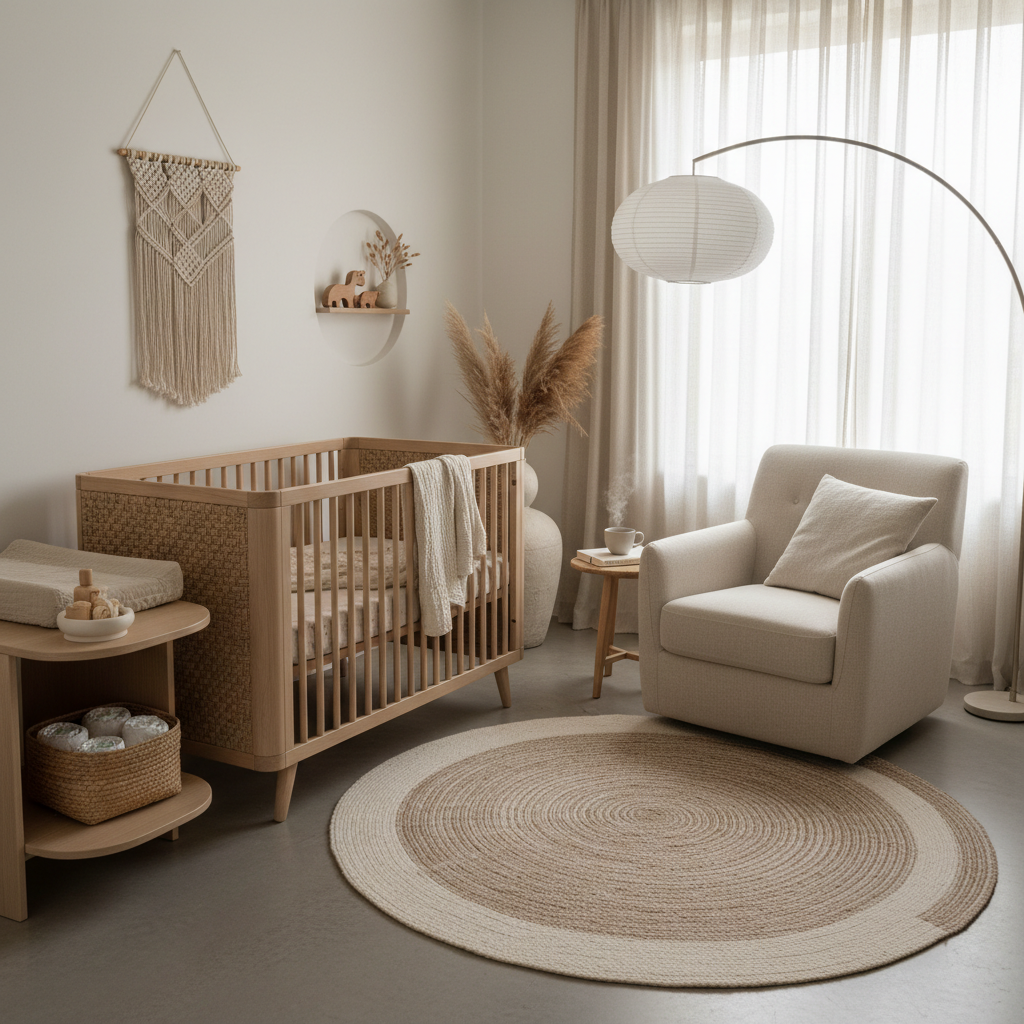 An illustration of a Japandi-style nursery featuring natural wood furniture, neutral colors, and minimalist accessories.