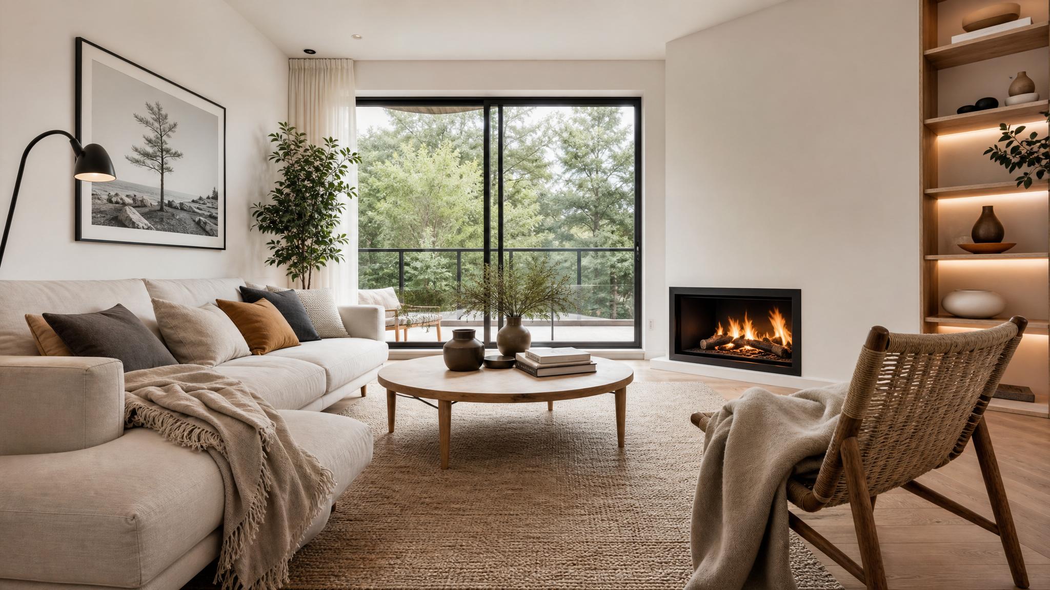 Stunning Nordic style living room showcasing minimalist decor and cozy elements.