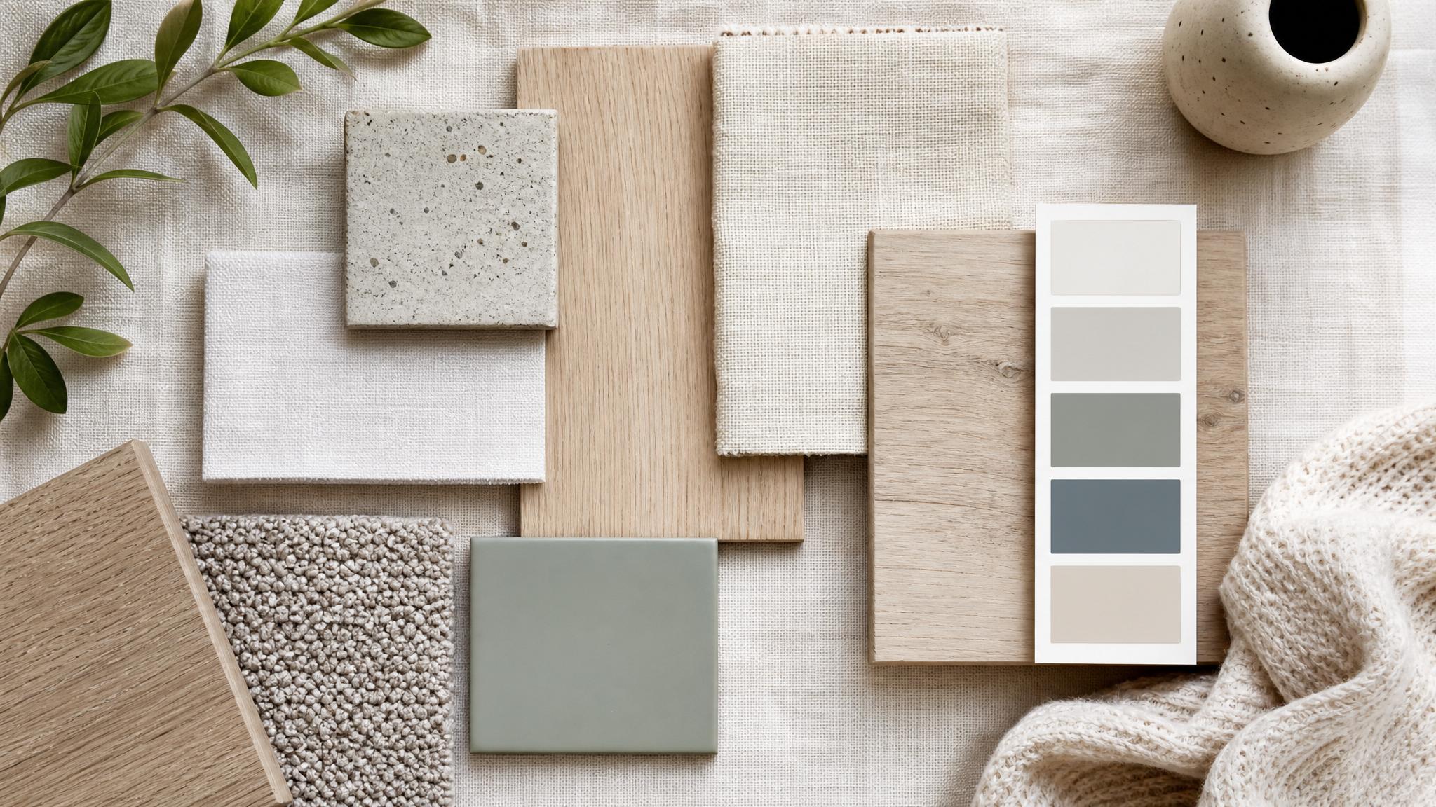 A color palette board inspired by Nordic design showcasing soft hues and natural tones.