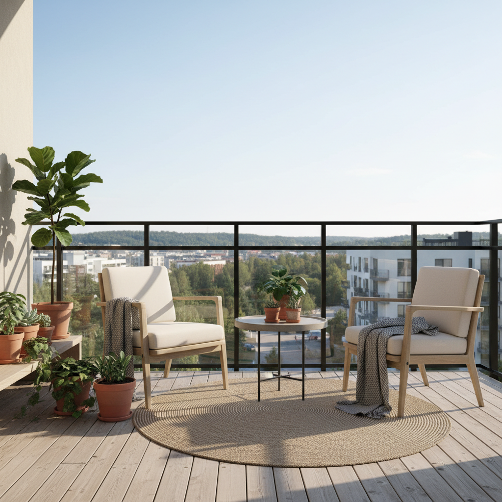 Beautiful Nordic balcony with minimalist furniture and plants