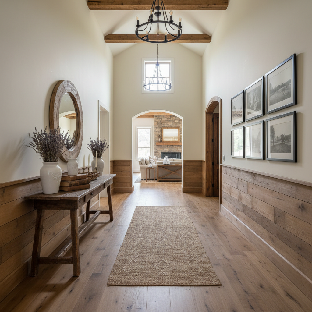 Image of a beautifully designed farmhouse hallway with rustic wooden features.