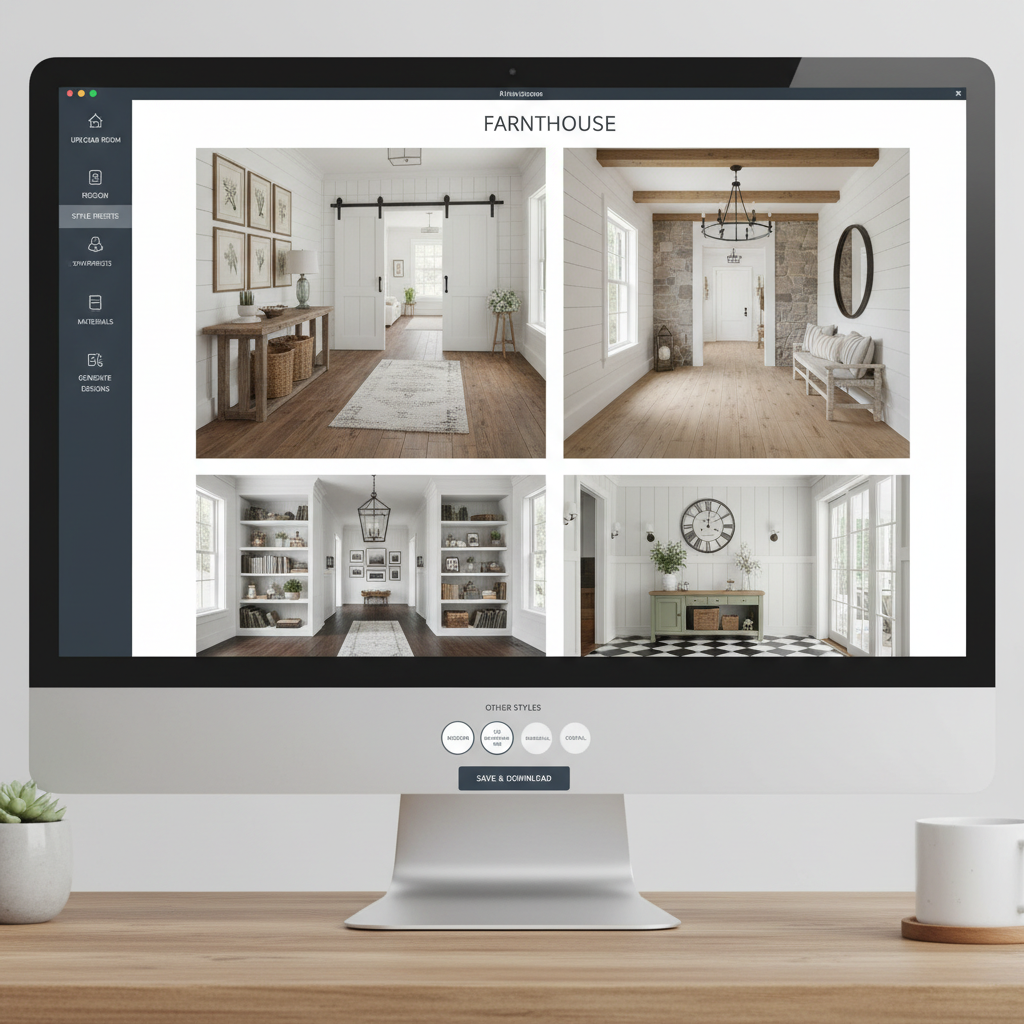 Screenshot of an AI interior design tool interface showing farmhouse hallway options.
