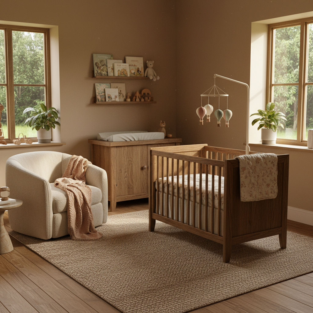 A cozy rustic nursery with wooden furniture, soft textiles, and a color palette of beige and pastel.