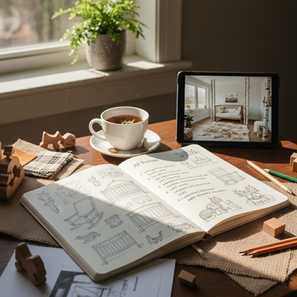 An illustration of a rustic nursery design process with sketches and AI prompts.