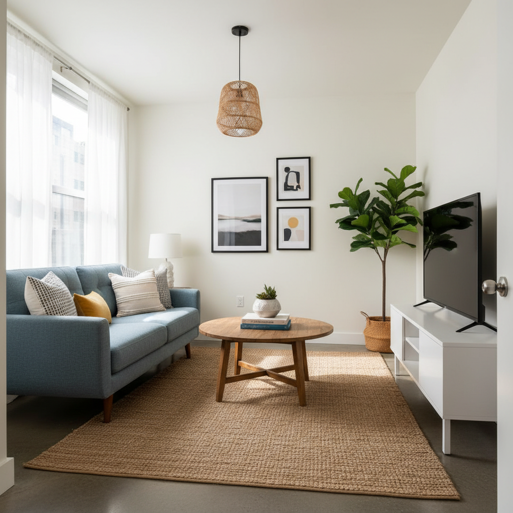 Example of a wide-angle shot of a small living room