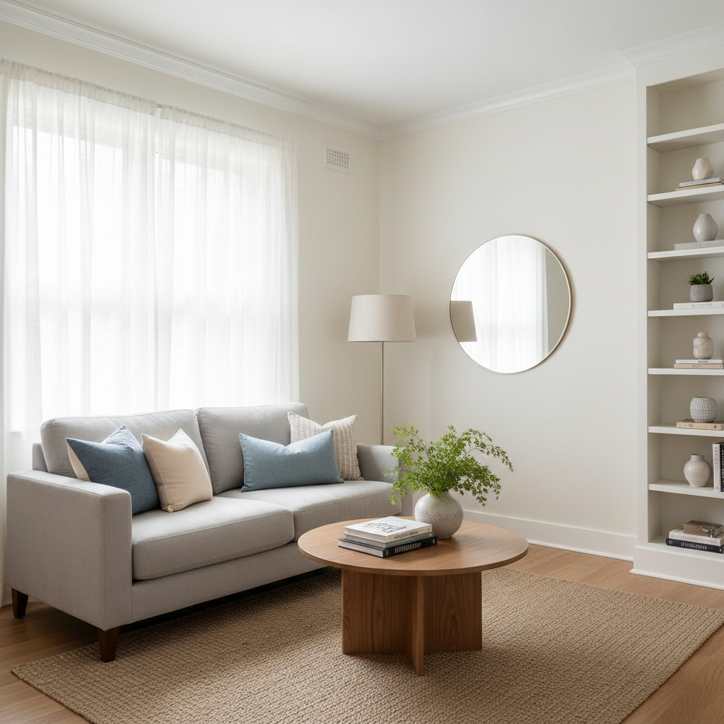 Brightly lit small living room with natural light