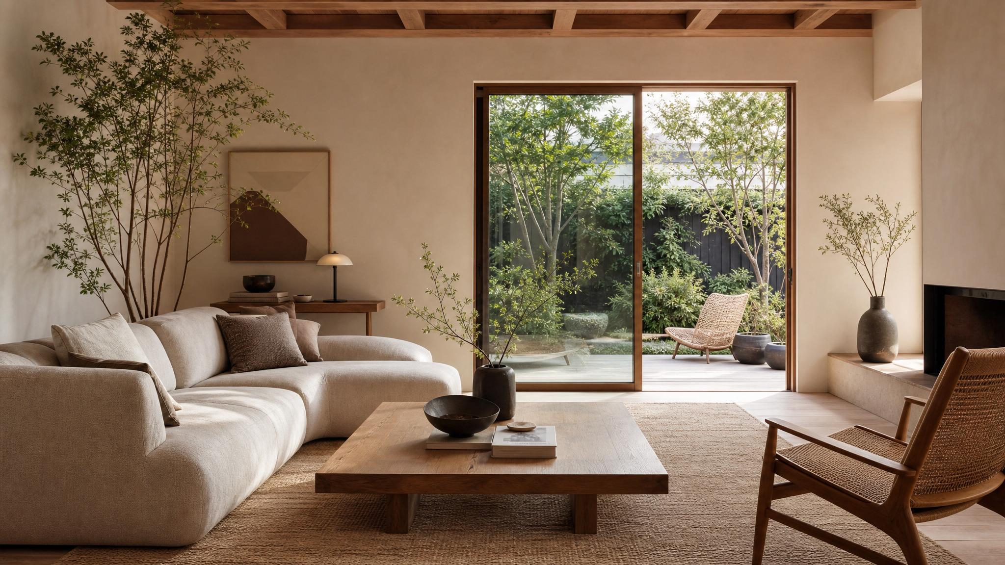 Beautiful Japandi living room with minimalistic furniture and natural elements