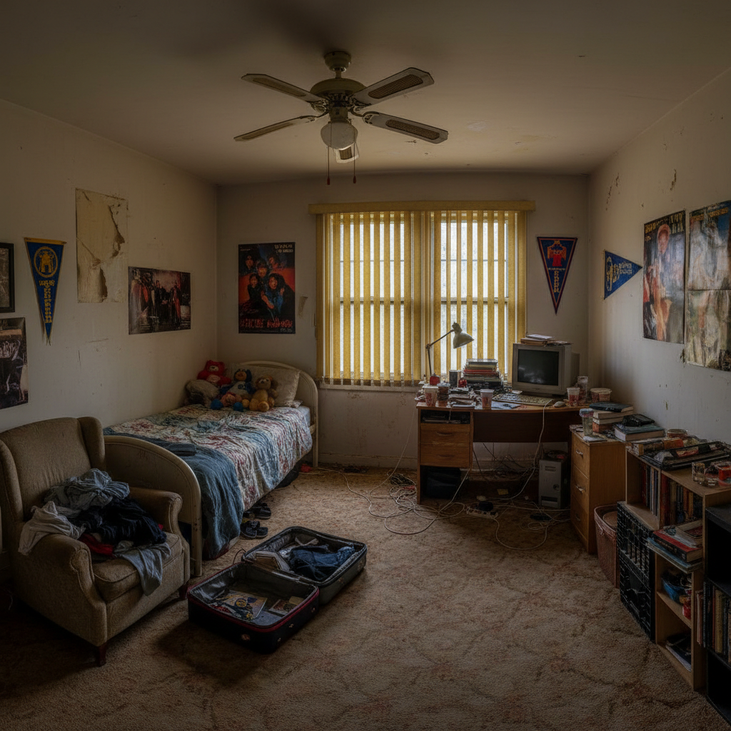 Image of an outdated student bedroom before the transformation.