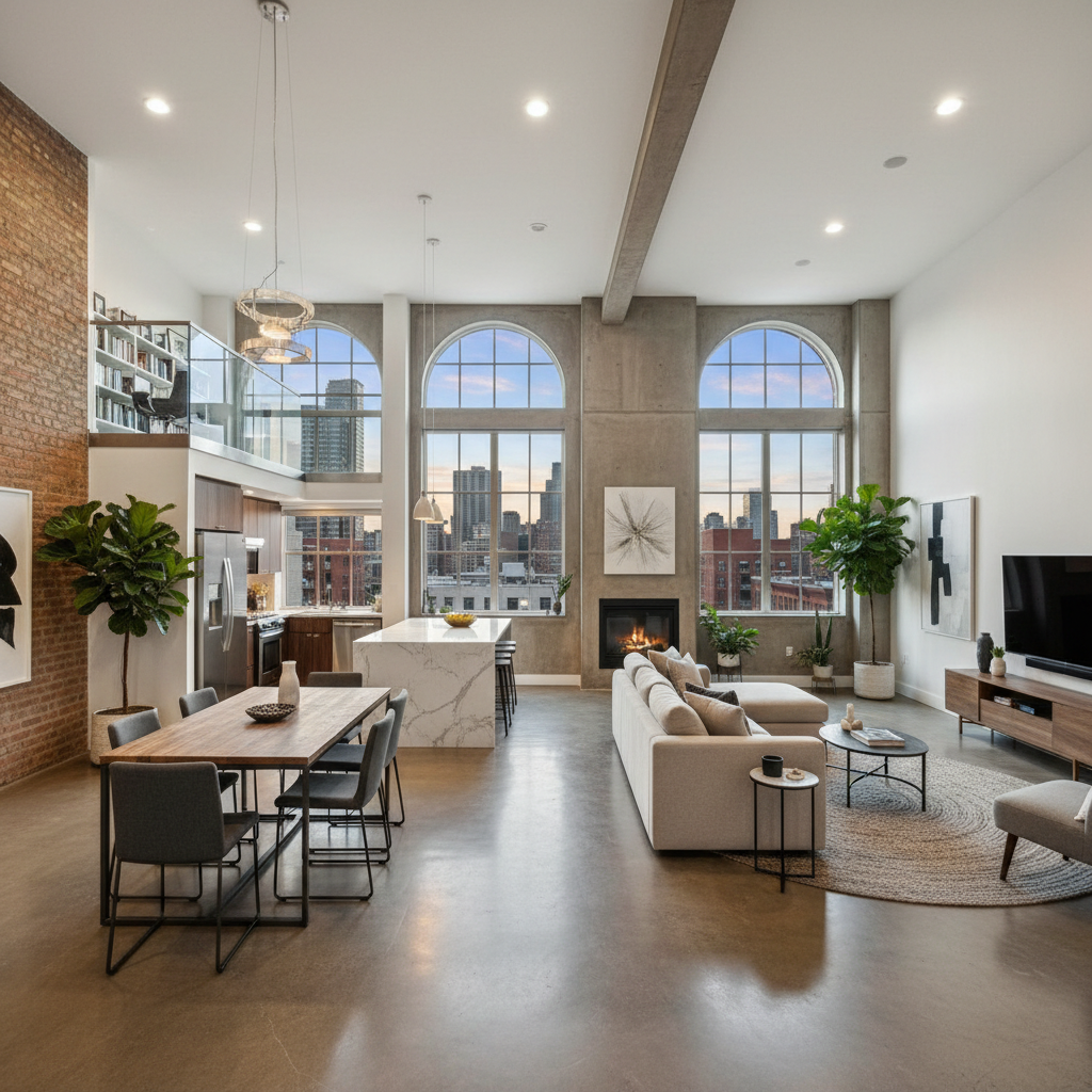 Wide-angle shot of a loft showcasing an open floor plan.