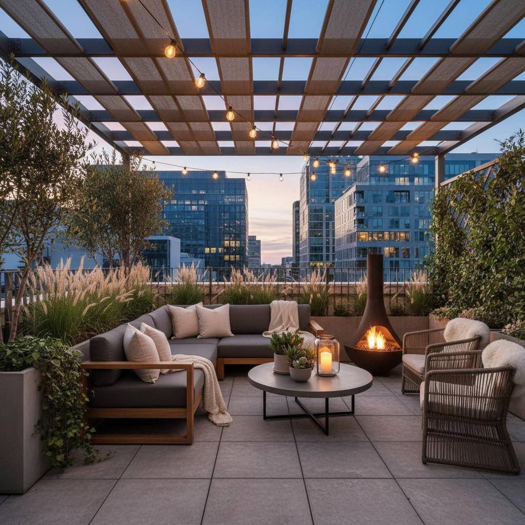 Outdoor space of a loft, ideally with a lounge setting.