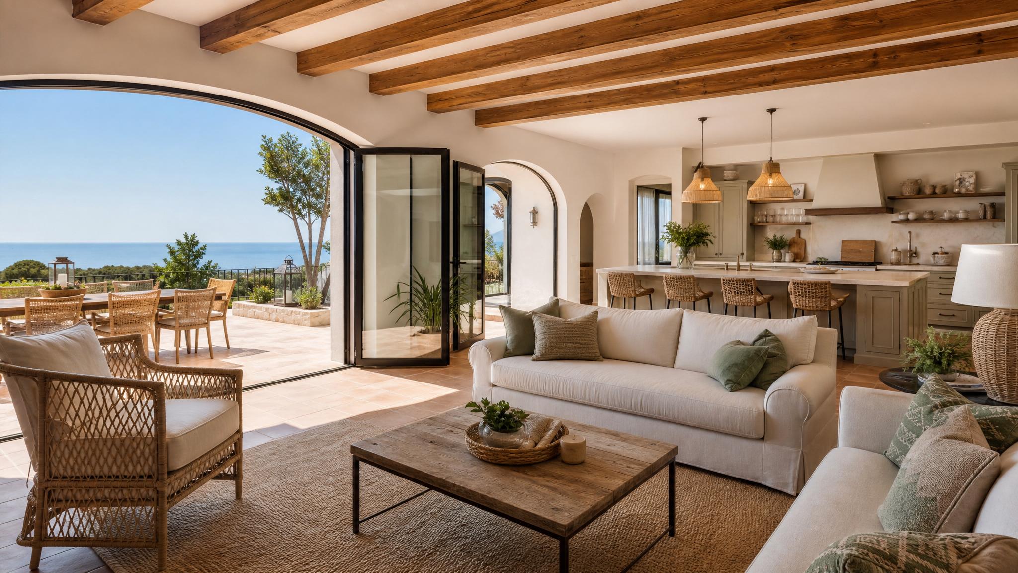 Image of a beautifully staged Mediterranean open-plan living room.