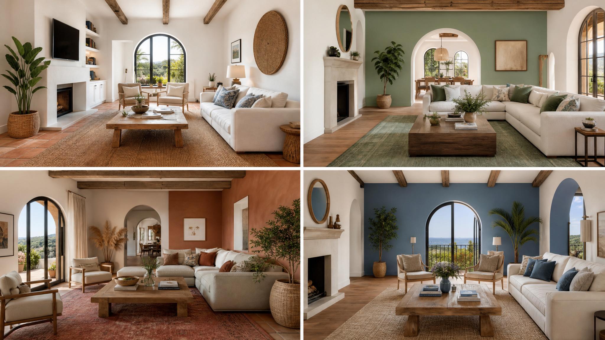 Image showcasing multiple color combinations applied in different Mediterranean living rooms.