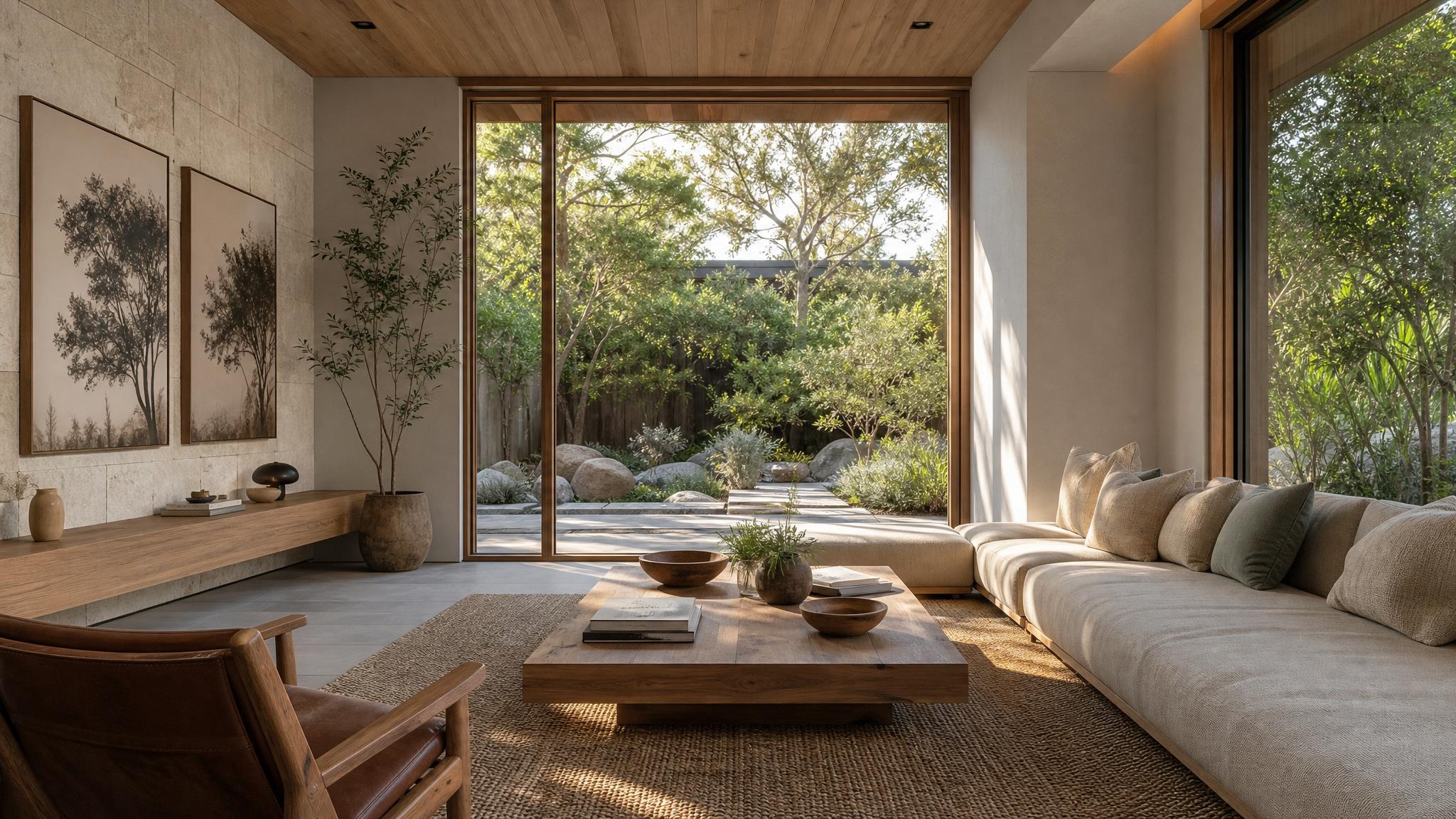 A serene zen living room with natural materials, plants, and soft lighting.