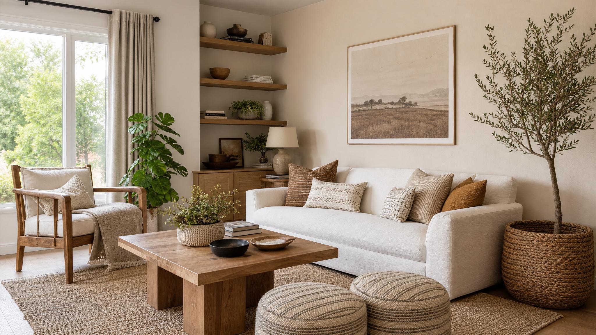 A living room with wooden furniture, indoor plants, and soft textiles.